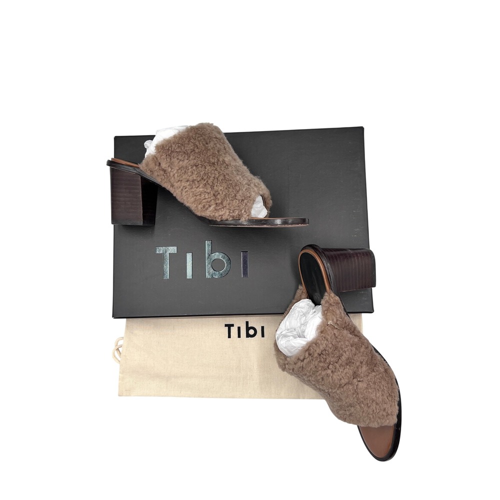 Tibi Boni Real Shearling Womens 37.5 Brown Good Block Heel Open Toe Slide Sandal